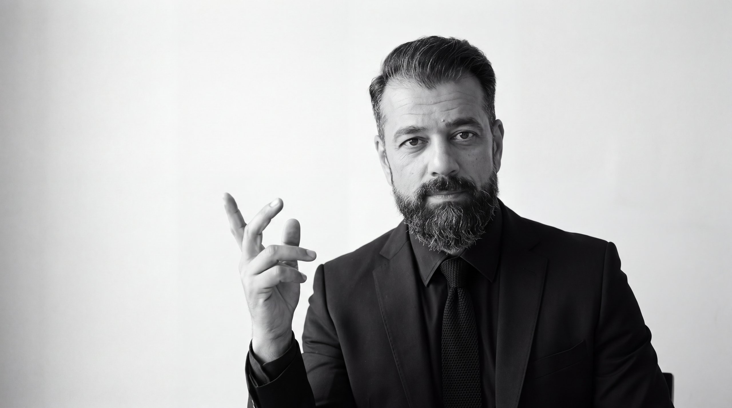 Black-and-white portrait of Ruben gesturing with one hand